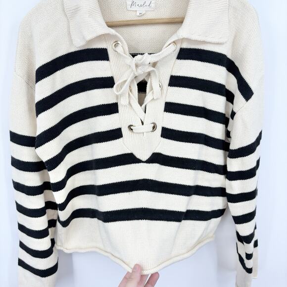 Marled Roll Hem Sweater Womens Medium Stripe Nautical Classic Preppy Fisherman - Picture 5 of 7
